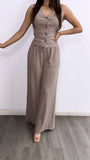 Arena Two Piece Striped Vest + Flowy Pant Set- Mocha/White