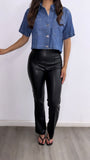 Henley Oversized Boxy Short Sleeve Denim Top- Dark Wash