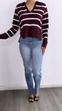 Janie Striped Oversized Sweater Top- Burgandy/White