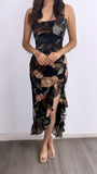 Ponte Bonita Floral Ruffle Maxi Dress- Black