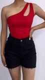 Elma Assymetrical Cut Out Bodysuit- Red
