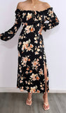 Everly Floral Long Sleeve Midi Dress- Black/Orange