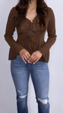 Delani Ruffled Sheer Long Sleeve Top- Chocolate