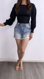 Jesus Mid Rise Denim Shorts- Medium Wash