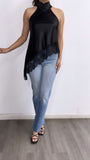 To The Good Nights Halter Satin Lace Top- Black