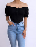 Ciara Eyelet Off Shoulder Crop Top- Black