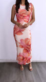 Sabor Fresa Ruched Mesh Maxi Dress- Ivory Coral