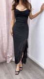 Ponte Bonita Mesh Ruffle Maxi Dress- Black
