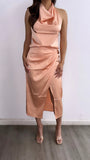Cocktail Hour Satin Halter Top- Peach