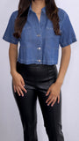 Henley Oversized Boxy Short Sleeve Denim Top- Dark Wash