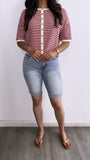 Bailey Striped Button Down Cardigan Top- Red/Cream