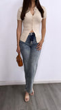 Gianna Ribbed Button Down Top- Beige