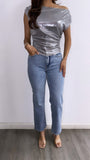 Suleyma Assyemetrical Mettalic Ruched Top- Silver