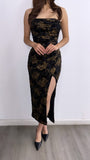 Sleighing Floral Tube Velvet Midi Dress- Black/Gold