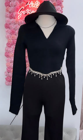Annabella Rhinestone/Pearl Long Sleeve Top- Black