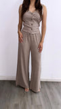 Arena Two Piece Striped Vest + Flowy Pant Set- Mocha/White