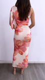 Sabor Fresa Ruched Mesh Maxi Dress- Ivory Coral