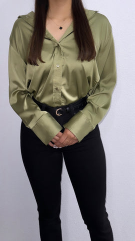 Grecy Satin Button Down Top- Olive