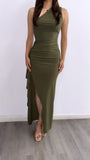Dark Till Daylight Assymetrical Maxi Dress- Olive