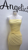 She’s Posh Ruched Mesh Midi Dress- Pastel Yellow