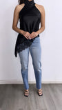To The Good Nights Halter Satin Lace Top- Black