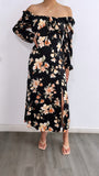 Everly Floral Long Sleeve Midi Dress- Black/Orange