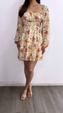 Toscana Floral Flowy Mini Dress- Soft Yellow