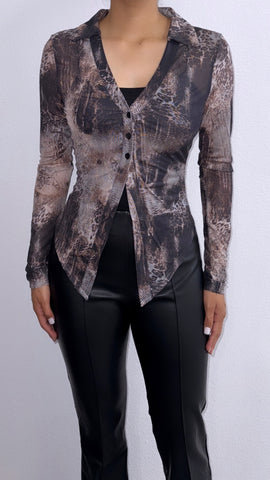 Meridan Sheer Leopard Button Down Top- Black Multi