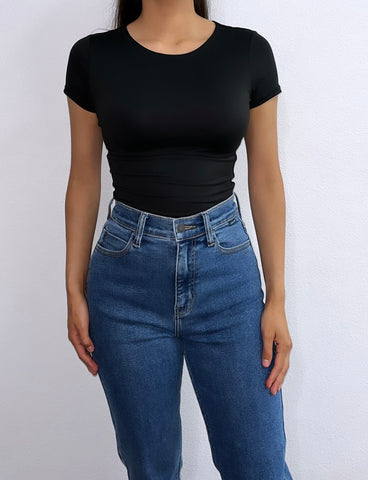 Basic Rewind Short Sleeve Top- Black