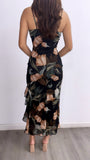 Ponte Bonita Floral Ruffle Maxi Dress- Black