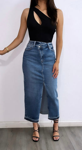 Luke High Rise Midi Denim Skirt- Medium Wash