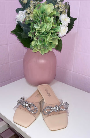 Pixie Bow Rhinestone Clear Sandals- Nude