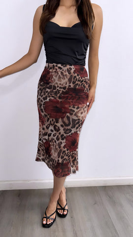 Anora Mesh Floral Leopard Mesh Midi Skirt- Multi