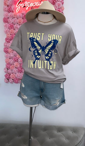 "Trust Your Intuition, Butterfly" Oversized Graphic Tee- Grey