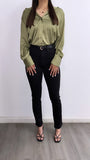Grecy Satin Button Down Top- Olive