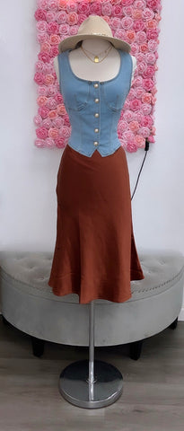 Evelina Satin Midi Skirt- Rust