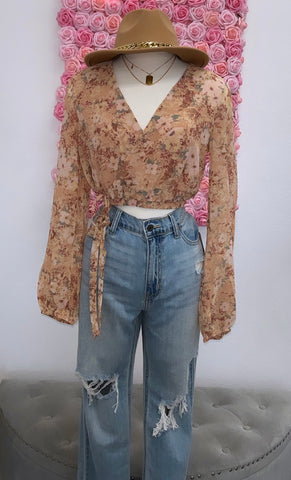 Mia Floral Long Sleeve Top- Taupe